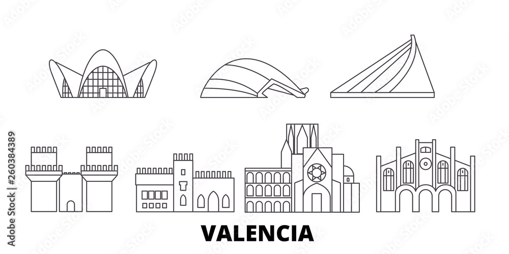 Spain, Valencia flat travel skyline set. Spain, Valencia black city vector panorama, illustration, travel sights, landmarks, streets.