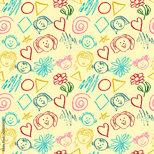 Cute stylish seamless pattern. Draw pictures, doodle. Beautiful and bright design. Interesting images for backgrounds, textiles, tapestries. Flowers, faces, geometric shapes