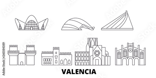Obraz na płótnie Spain, Valencia flat travel skyline set. Spain, Valencia black city vector panorama, illustration, travel sights, landmarks, streets. w salonie