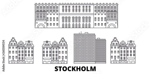 Sweden, Stockholm City flat travel skyline set. Sweden, Stockholm City black city vector panorama, illustration, travel sights, landmarks, streets.