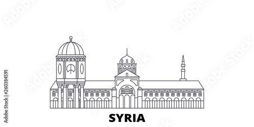 Syria flat travel skyline set. Syria black city vector panorama, illustration, travel sights, landmarks, streets.