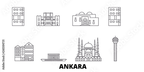 Turkey, Ankara flat travel skyline set. Turkey, Ankara black city vector panorama, illustration, travel sights, landmarks, streets.