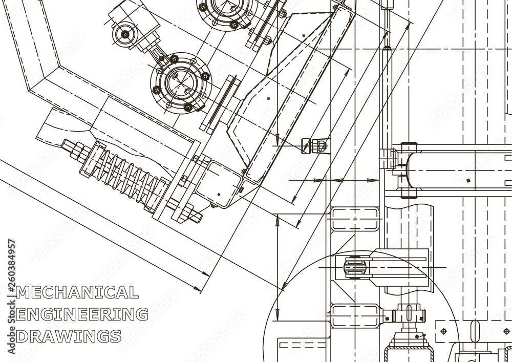 Mechanical engineering drawing. Machine-building industry. Instrument-making drawings. Computer aided design systems. Technical illustrations, backgrounds. Blueprint