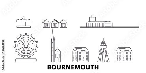 United Kingdom, Bournemouth flat travel skyline set. United Kingdom, Bournemouth black city vector panorama, illustration, travel sights, landmarks, streets.