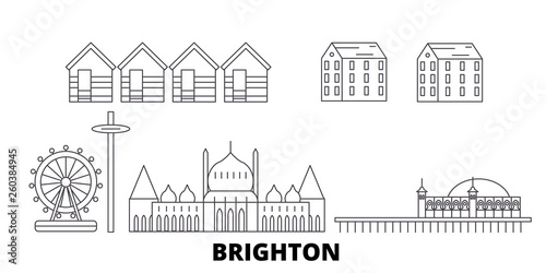 United Kingdom, Brighton flat travel skyline set. United Kingdom, Brighton black city vector panorama, illustration, travel sights, landmarks, streets.
