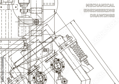 Mechanical engineering drawing. Machine-building industry. Instrument-making drawings. Computer aided design systems. Technical illustrations, backgrounds. Blueprint, diagram, plan