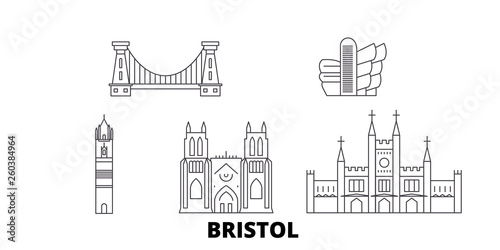 United Kingdom, Bristol flat travel skyline set. United Kingdom, Bristol black city vector panorama, illustration, travel sights, landmarks, streets.