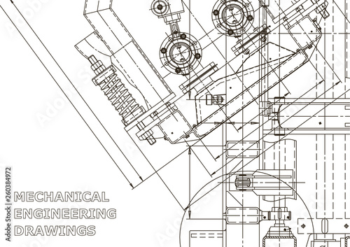 Mechanical engineering drawing. Machine-building industry. Instrument-making drawings. Computer aided design systems. Technical illustrations, backgrounds. Blueprint, diagram, plan, sketch