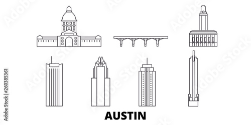 United States, Austin flat travel skyline set. United States, Austin black city vector panorama, illustration, travel sights, landmarks, streets.