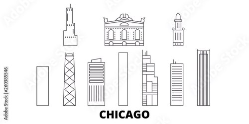 United States, Chicago City flat travel skyline set. United States, Chicago City black city vector panorama, illustration, travel sights, landmarks, streets.