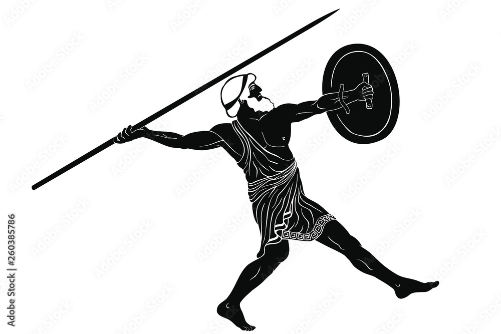 Ancient Greek warrior with a spear and shield in his hands is ready to ...