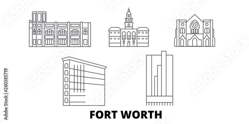 United States, Fort Worth flat travel skyline set. United States, Fort Worth black city vector panorama, illustration, travel sights, landmarks, streets.