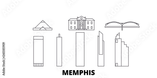 United States, Memphis flat travel skyline set. United States, Memphis black city vector panorama, illustration, travel sights, landmarks, streets.