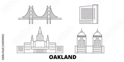 United States, Oakland flat travel skyline set. United States, Oakland black city vector panorama, illustration, travel sights, landmarks, streets.
