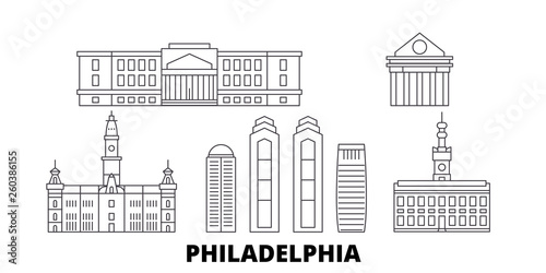 United States, Philadelphia flat travel skyline set. United States, Philadelphia black city vector panorama, illustration, travel sights, landmarks, streets.