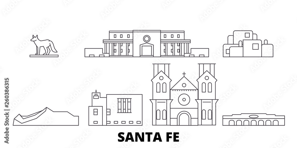Fototapeta premium Stany Zjednoczone, zestaw panoramę płaskich podróży Santa Fe. Stany Zjednoczone, czarna panorama wektorowa miasta Santa Fe, ilustracja, zabytki turystyczne, zabytki, ulice.