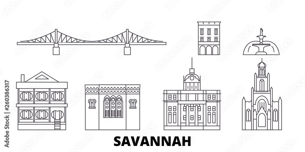 United States, Savannah flat travel skyline set. United States, Savannah black city vector panorama, illustration, travel sights, landmarks, streets.