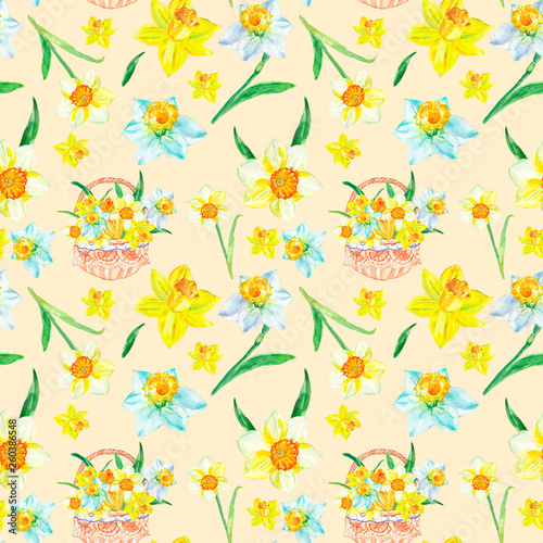 Wallpaper Mural Watercolor spring yellow narcissus seamless pattern. Hand painted daffodils flowers background. Botanical floral colorful illustration for greeting cards design, easter, textile, wallpapers. Torontodigital.ca