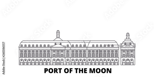 France, Bordeaux, Port Of The Moon Landmark flat travel skyline set. France, Bordeaux, Port Of The Moon Landmark black city vector panorama, illustration, travel sights, landmarks, streets.