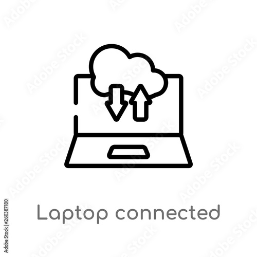 outline laptop connected to cloud vector icon. isolated black simple line element illustration from computer concept. editable vector stroke laptop connected to cloud icon on white background