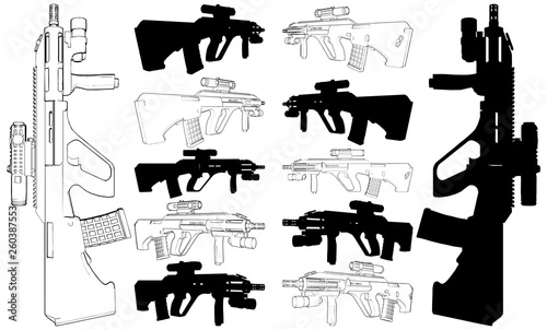 Assault Rifle Automatic Gun Illustration Vector 11. Automatic fire rifle with silhouette included. A vector illustration of an assault rifle.