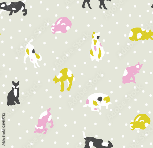 Cats with dots in different positions. Seamless pattern ready to use, with grey background. Hand drawn background kittens for fashion, textile, wrapping paper and wallpaper