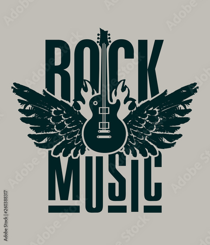 Vector banner with words Rock music, with electric guitar and wings on fire. Can be used for flyers, posters, t-shirt design, tattoo