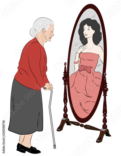 A vector illustration of an elderly woman with a cane looking in a mirror and seeing herself as a beautiful lady.
