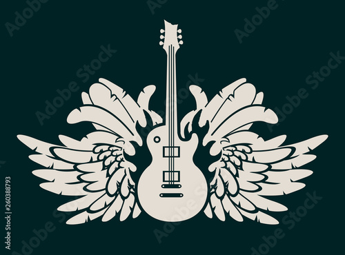 Vector banner with electric guitar and wings on the black bcakground. Can be used for flyers, posters, t-shirt design, tattoo, icon, logo