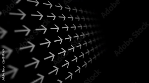 Arrows fly from left to right up in perspective with bokeh blur on black background. Cycle animation