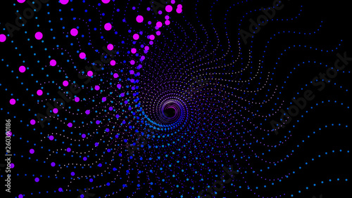 Swirl from dots structure 3d sea. Infinity funnel.