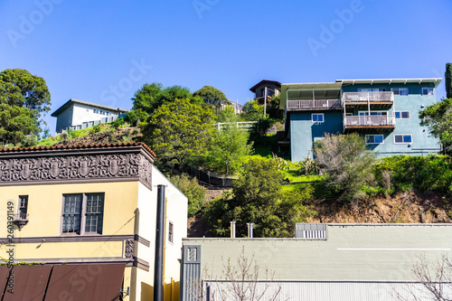 Residential area with houses built on a hill San Rafael, Marin county, north San Francisco bay area, California