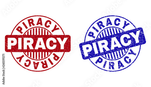 Grunge PIRACY round stamp seals isolated on a white background. Round seals with grunge texture in red and blue colors. Vector rubber imitation of PIRACY caption inside circle form with stripes.