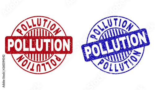 Grunge POLLUTION round stamp seals isolated on a white background. Round seals with grunge texture in red and blue colors. Vector rubber imprint of POLLUTION caption inside circle form with stripes.
