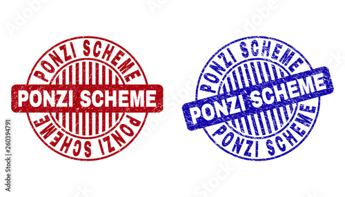Grunge PONZI SCHEME round stamp seals isolated on a white background. Round seals with distress texture in red and blue colors.