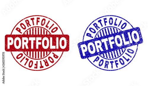 Grunge PORTFOLIO round stamp seals isolated on a white background. Round seals with grunge texture in red and blue colors. Vector rubber imprint of PORTFOLIO tag inside circle form with stripes.