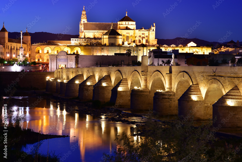 Night view of Puente Romano (Roman Bridge) with Mezquita Cathedral in the background, Cordoba, Andalusia, Spain