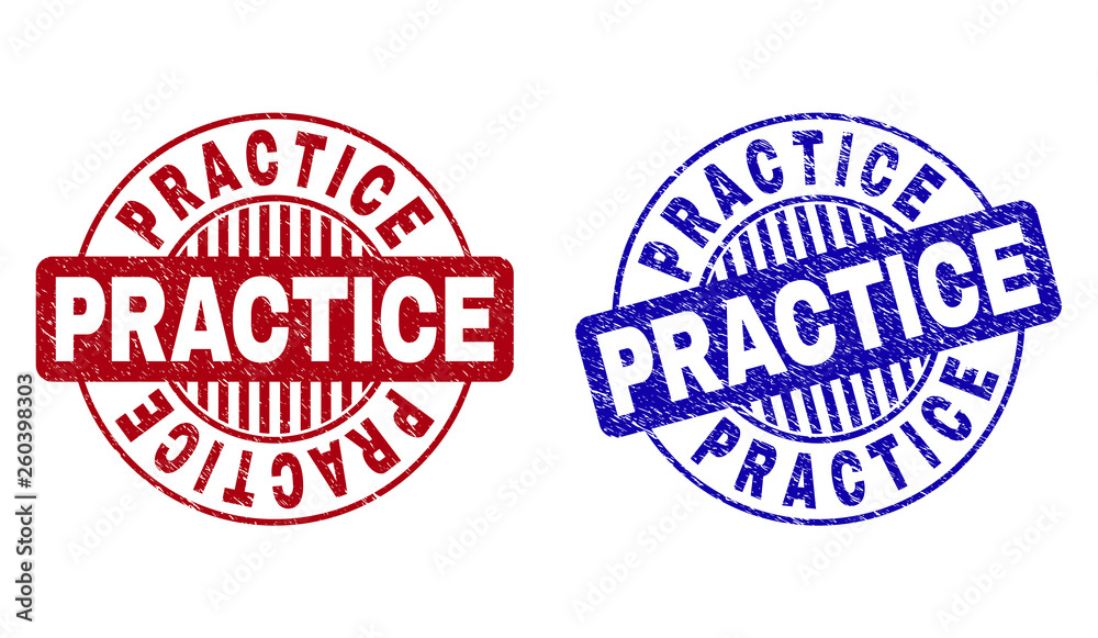 Grunge PRACTICE round stamp seals isolated on a white background. Round seals with grunge texture in red and blue colors. Vector rubber imprint of PRACTICE title inside circle form with stripes. Grunge PRACTICE round stamp seals isolated on a white background. Round seals with grunge texture in red and blue colors. Vector rubber imprint of PRACTICE title inside circle form with stripes.