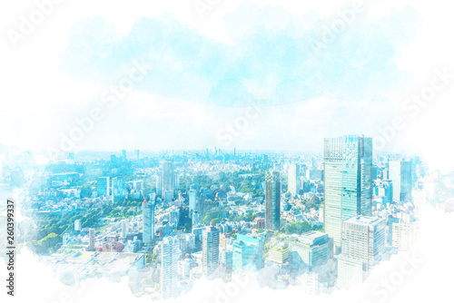 東京の都市風景 Tokyo city skyline , Japan. Illustration of watercolor painting style.