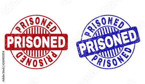Grunge PRISONED round stamp seals isolated on a white background. Round seals with grunge texture in red and blue colors. Vector rubber overlay of PRISONED label inside circle form with stripes.