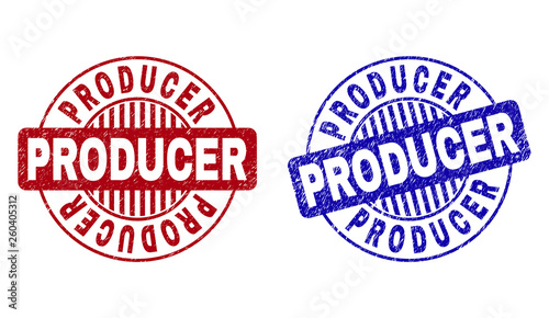 Grunge PRODUCER round stamp seals isolated on a white background. Round seals with grunge texture in red and blue colors. Vector rubber watermark of PRODUCER title inside circle form with stripes.