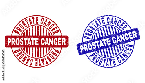 Grunge PROSTATE CANCER round stamp seals isolated on a white background. Round seals with grunge texture in red and blue colors.