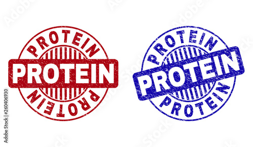 Grunge PROTEIN round stamp seals isolated on a white background. Round seals with grunge texture in red and blue colors. Vector rubber imitation of PROTEIN caption inside circle form with stripes.