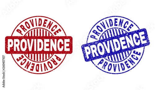 Grunge PROVIDENCE round stamp seals isolated on a white background. Round seals with grunge texture in red and blue colors. Vector rubber imitation of PROVIDENCE text inside circle form with stripes.