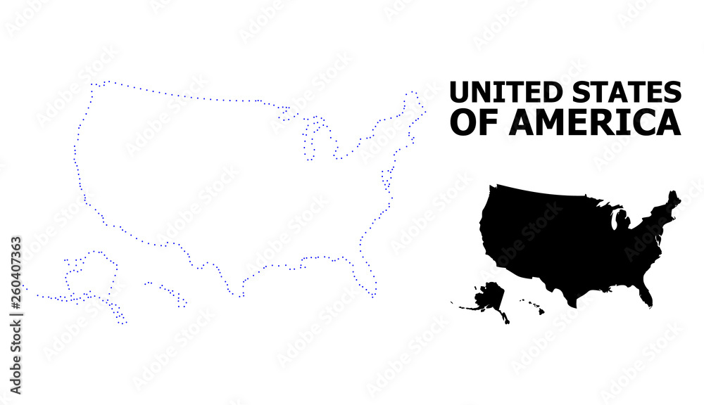 Fototapeta Wektor kontur kropkowana mapa terytoriów USA z nazwą