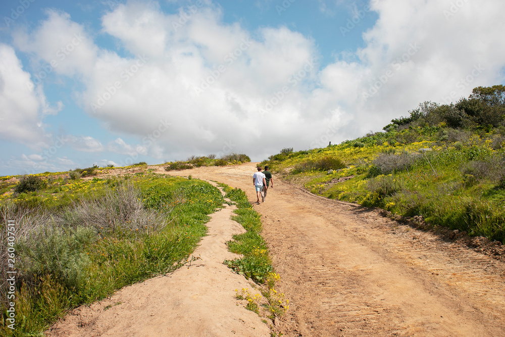 People hiking at Aliso & Woods Canyon Wilderness trail in the spring after a rainy season, Laguna Beach, CA hiking trails.