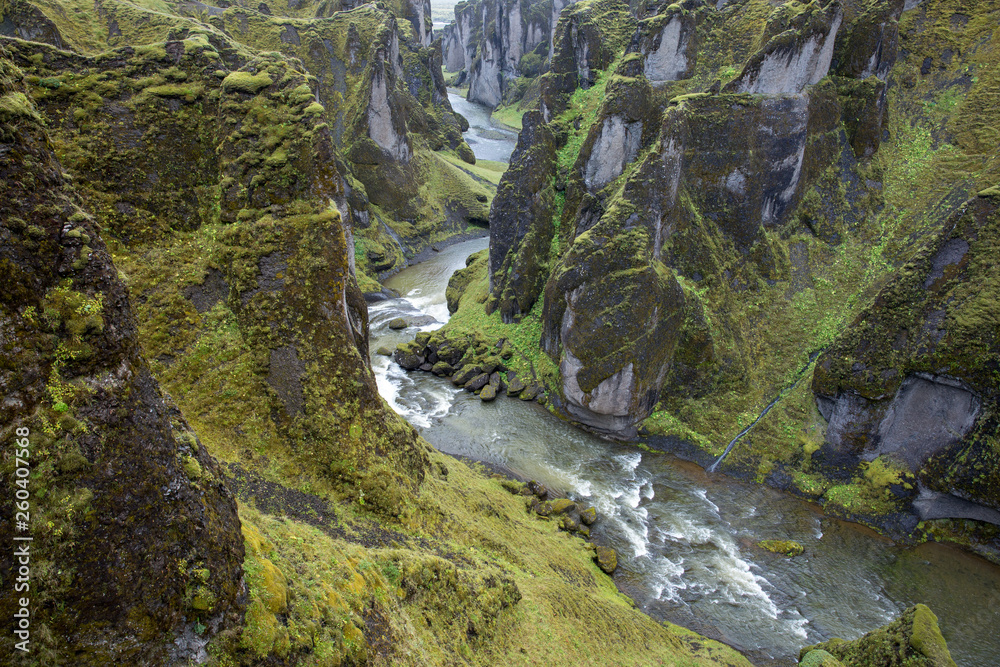 On the bottom of a deep picturesque canyon a turbulent meandering river flows, the slopes are overgrown with moss