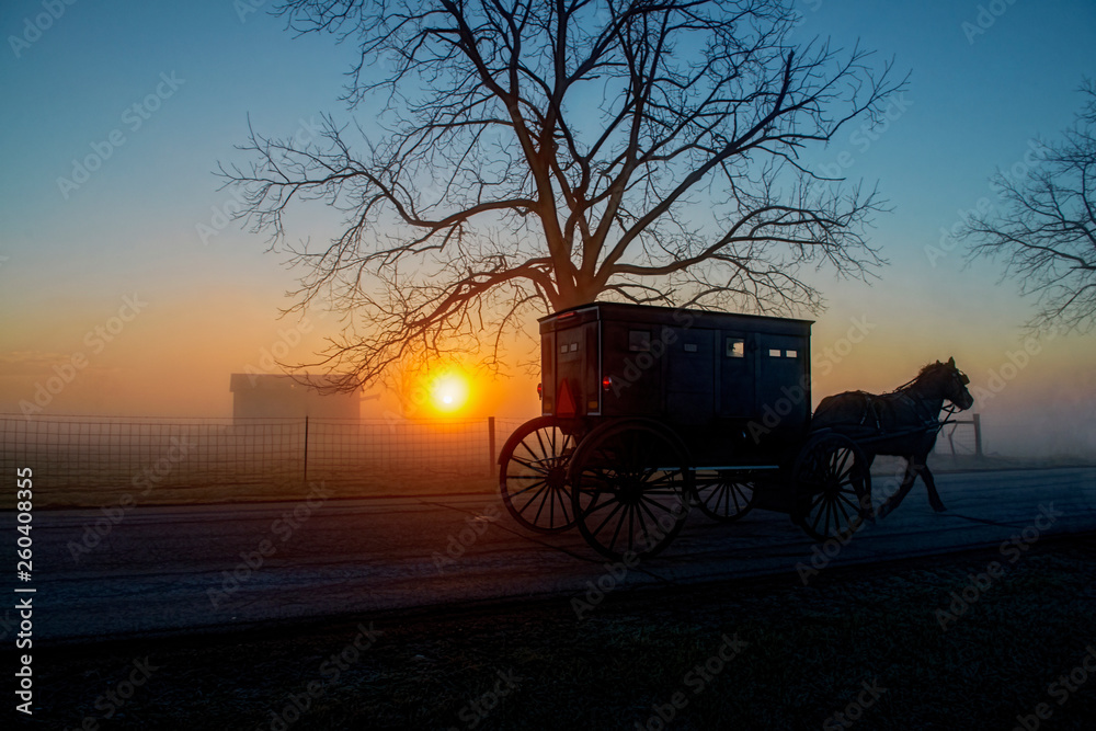 Amish Buggy at Dawn with Sun on Horizon and Farm Building