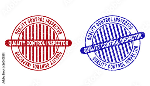 Grunge QUALITY CONTROL INSPECTOR round stamp seals isolated on a white background. Round seals with grunge texture in red and blue colors.