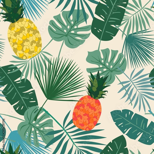 Fotografie Exotic seamless repeat pattern with colorful pineapples and tropical leaves  on